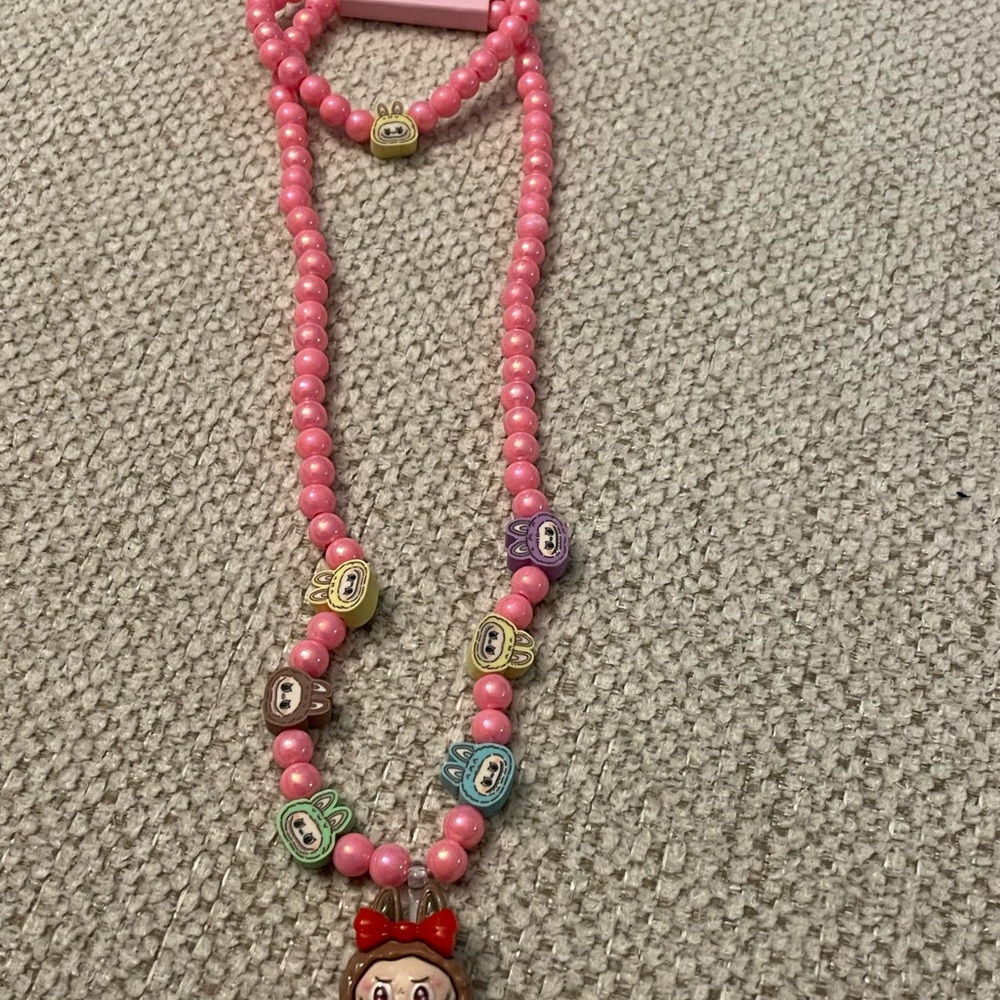 Fashion Bug Pink Beaded Necklace with Cartoon Charms